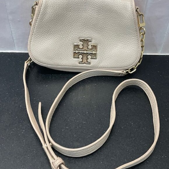 GUC TORY BURCH SIGNED BEIGE LEATHER CROSSBODY CHAIN STRAP X-OVER SMALL BAG PURSE - Picture 2 of 11